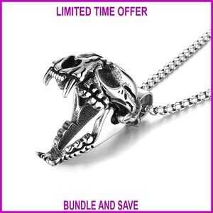 Stainless Steel Sabertooth Tiger Skull Pendant Necklace with Movable Jaw